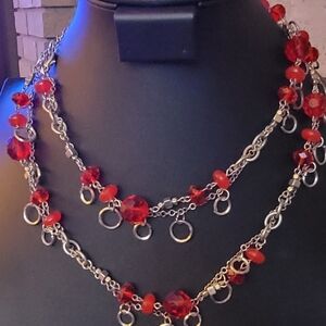 Source Unknown Red Multi-Strand Crystal & Chain Necklace